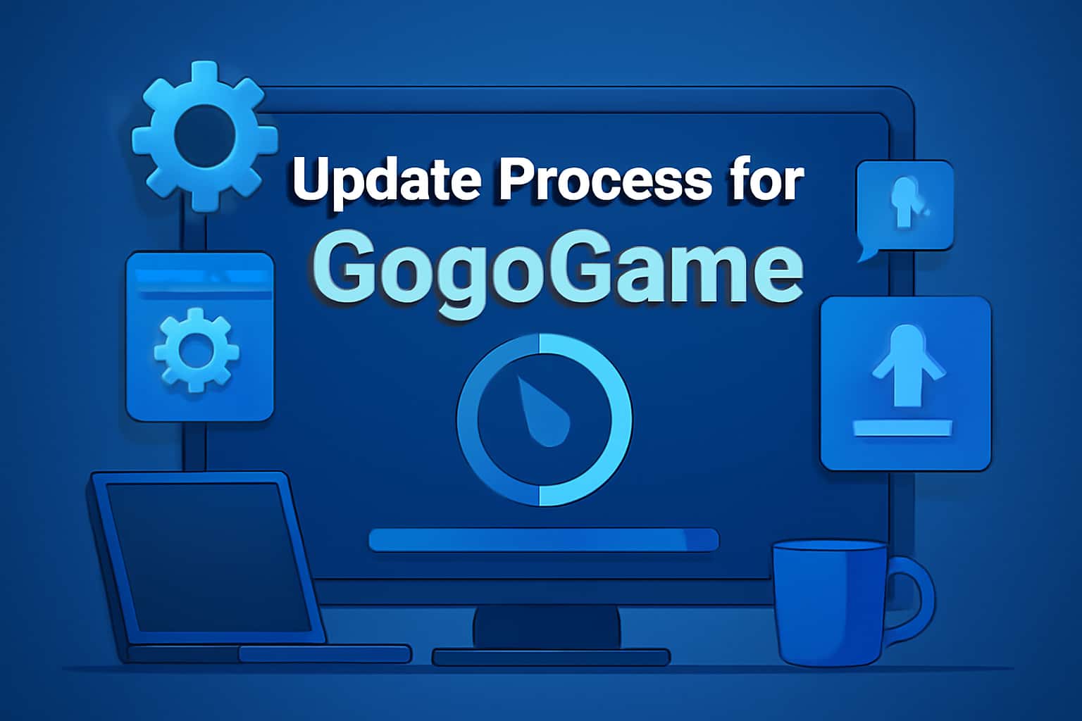 An informational graphic illustrating the update process for GogoGame, featuring relevant technology elements.